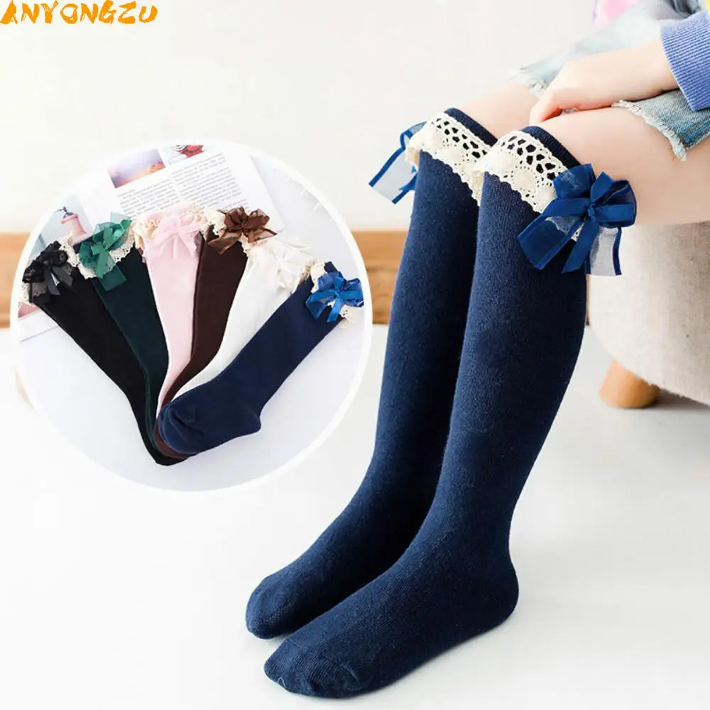 

15-19cm 2020 New Lace Bow Girls Cotton Socks Princess Solid Color Children Socks Medium Long Pink Blue Suitable 2-4 Years Baby