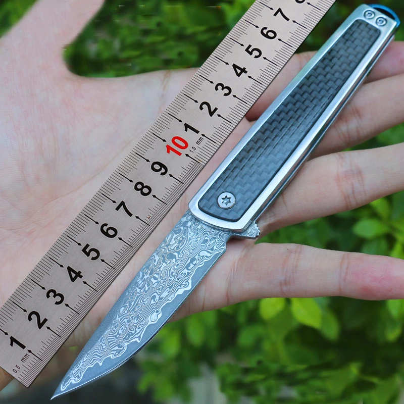 Free shipping New style  sharp Damascus steel camping tool folding knife Carbon fiber  handle outdoor self-defense knife