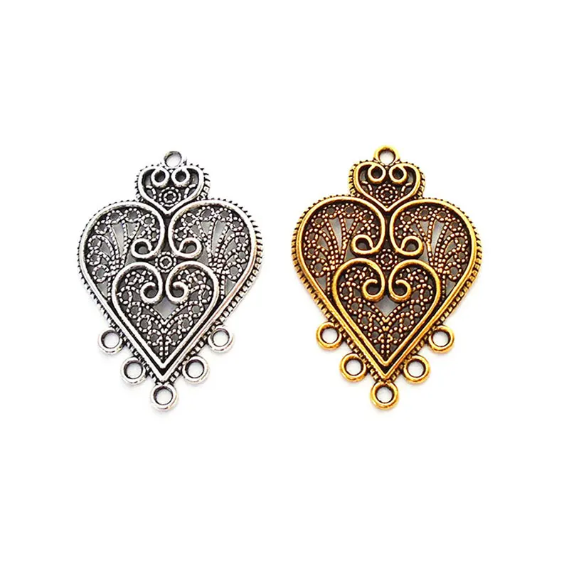 

20 x Tibetan Silver/Gold Color Filigree Heart Chandelier Connector Multi Strand Charms Pendants for DIY Earring Jewelry Making