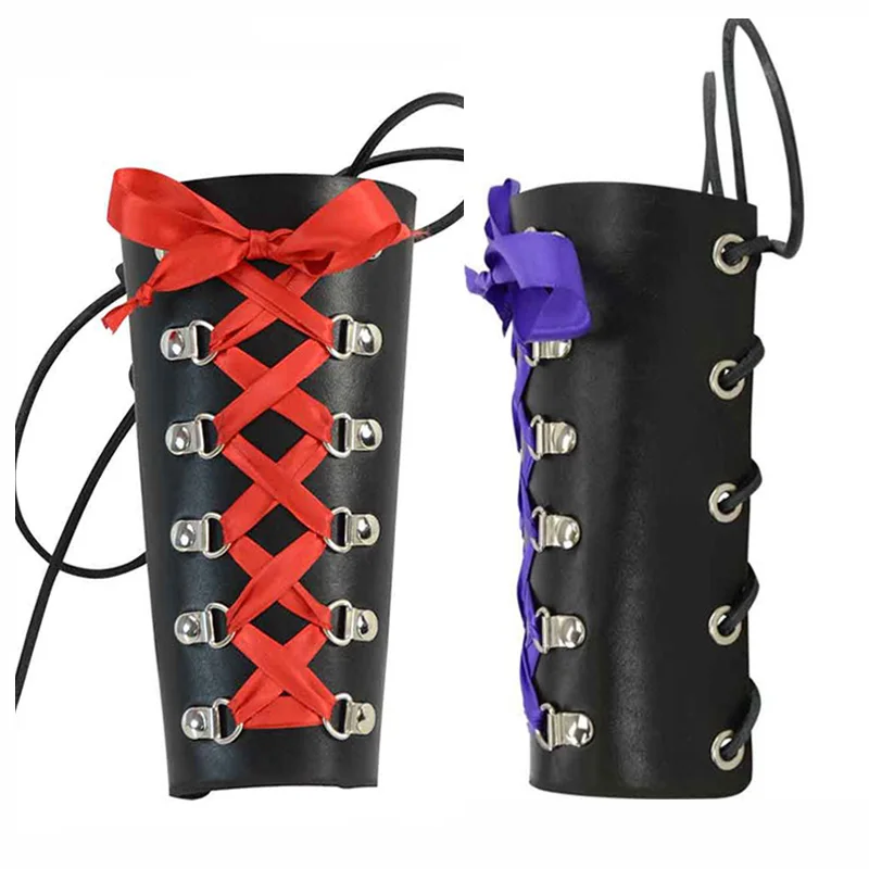 Gothic Arm Warmer Leather Bracer Cuff Armor Steampunk Hand Sleeve Guard Gauntlet Queen Cosplay Costume Accessory Ribbon Lace Up