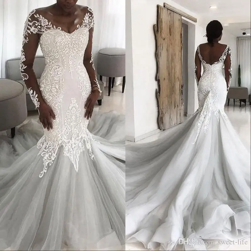 Customized African Lace Illusion Mermaid Wedding Dresses 2025 Plus Size Long Sleeves Bride Gowns Backless Robes De Mariée