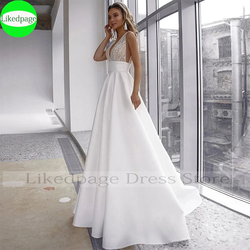 Gaun Pengantin Seksi 2021 A Line Satin Vestidos De Novia Gaun Pengantin V Neck Ilusi Jubah Mariage Boda Hochzeit Pesta Kleid