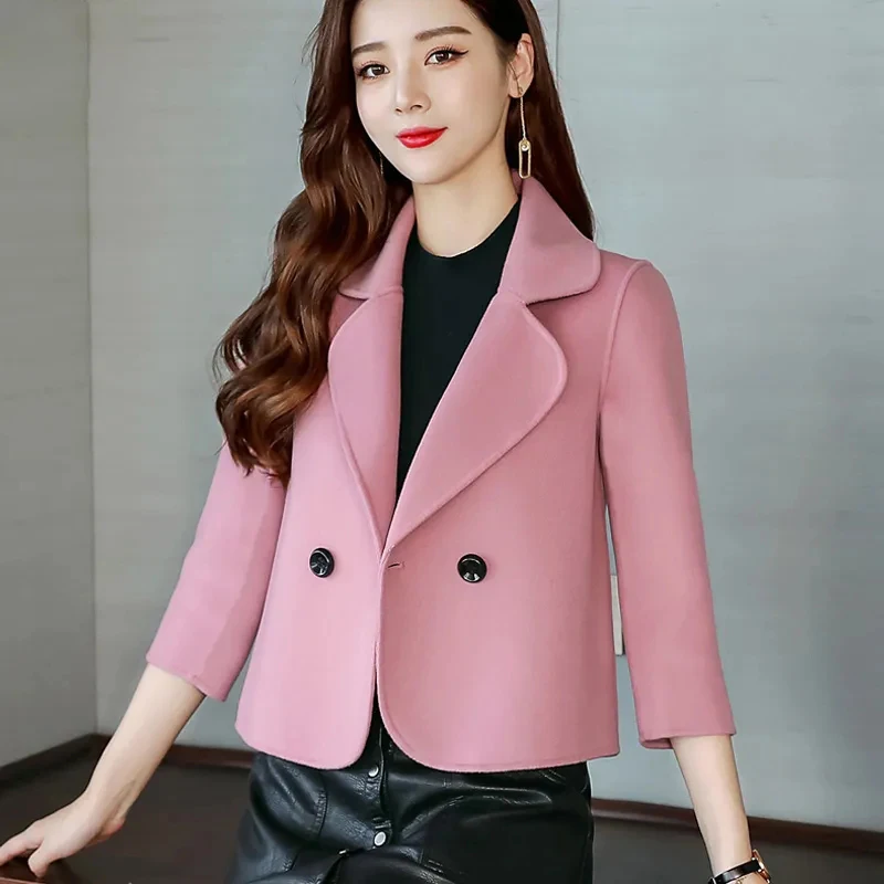 

2021 Women Autumn Winter Short Jacket Solid Color Woolen Slim Waist Office Ladies Coat Plus Size All-Match Mom Basic Outerwear