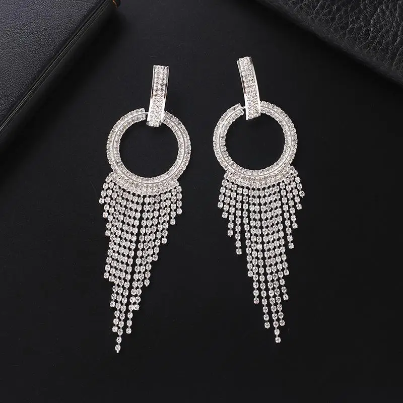 Long Tassel circel Drop Earrings for Women Bijoux Shiny Full Rhinestone Crystal Dangle Earring Statement Jewelry E713