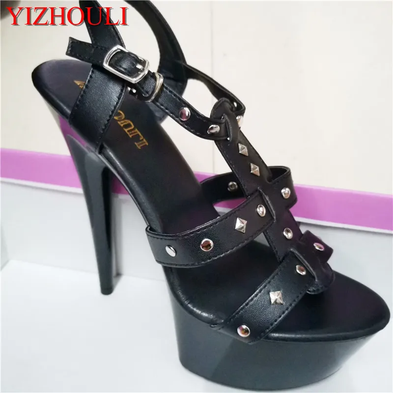 

Women's sexy nightclub pole-dancing sandals, rivet vamp 15cm heels, 6-inch stiletto stage sandals