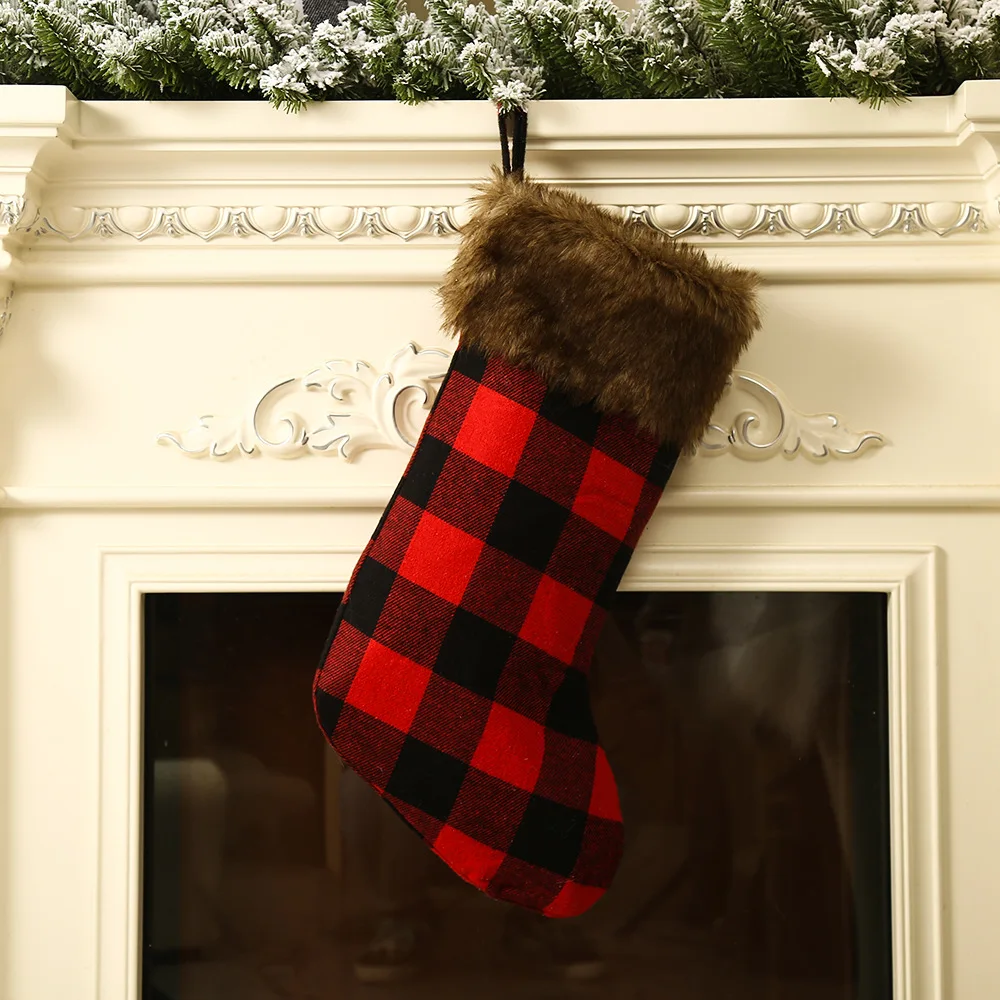 Medias de Navidad a cuadros de búfalo personalizadas, hechas a mano, rojo y negro, de piel, navidad