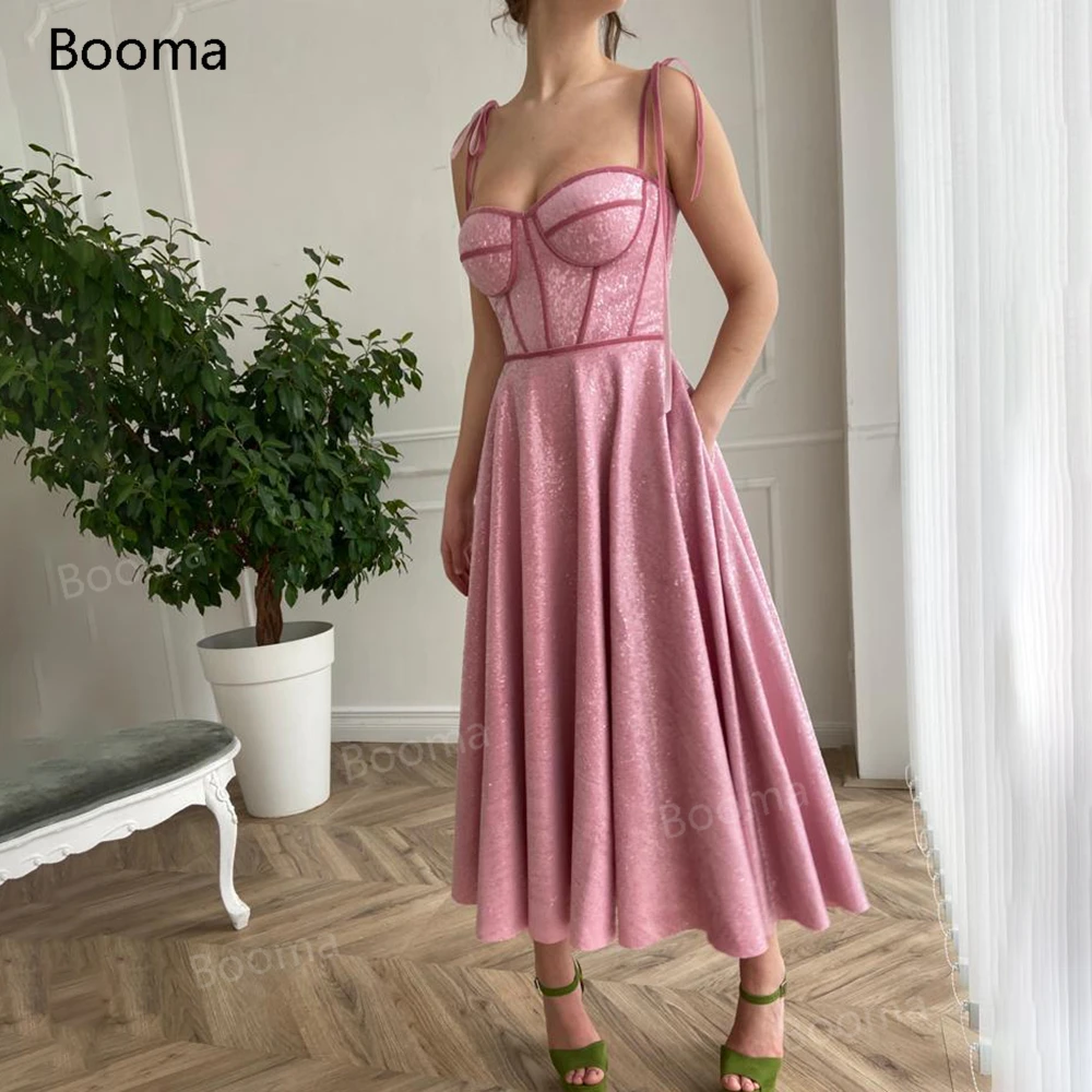 Booma-Pink Sparkling Prom Vestidos com bolsos, vestidos curtos de festa formais, cintas de espaguete, chá de comprimento, lantejoulas Midi, desossada