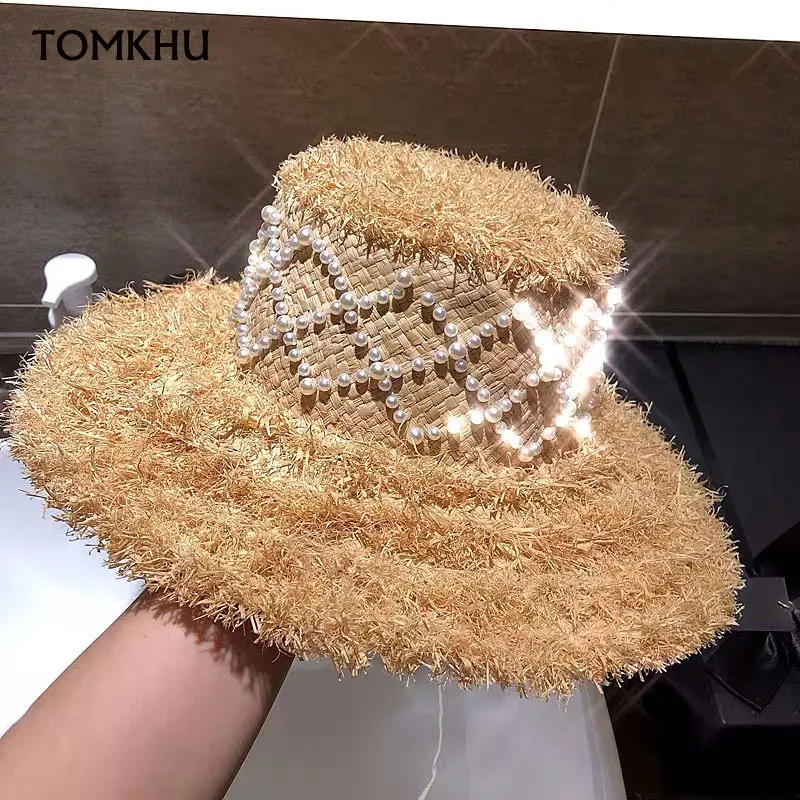 Ladies Elegant Small Fragrance Style Big Brim Raffia Straw Hat Edging Women Caps Handmade Summer Holiday Wedding Shooting Beach