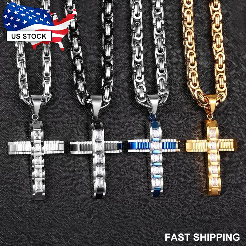 Mens Women Cross Pendant Necklace Blue Black Gold Silver Color Jesus Charm BYZANTINE Stainless Steel Chain Link Jewelry LKPM86