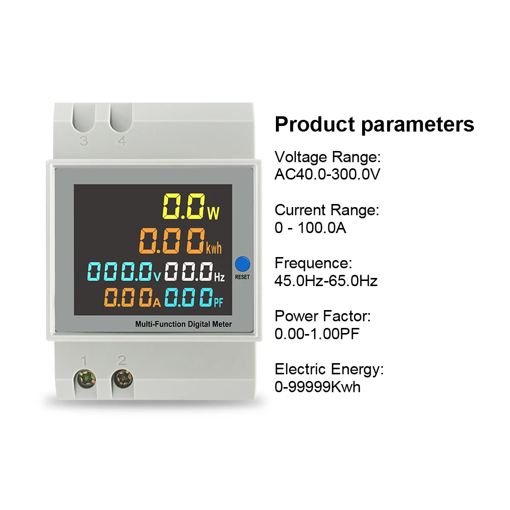 AC 80-300 V 0-100.0A Carril Din Pantalla LED Azul Del Amperímetro Del Voltímetro Rojo Activa del Factor de Potencia medidor de Energía de Voltaje