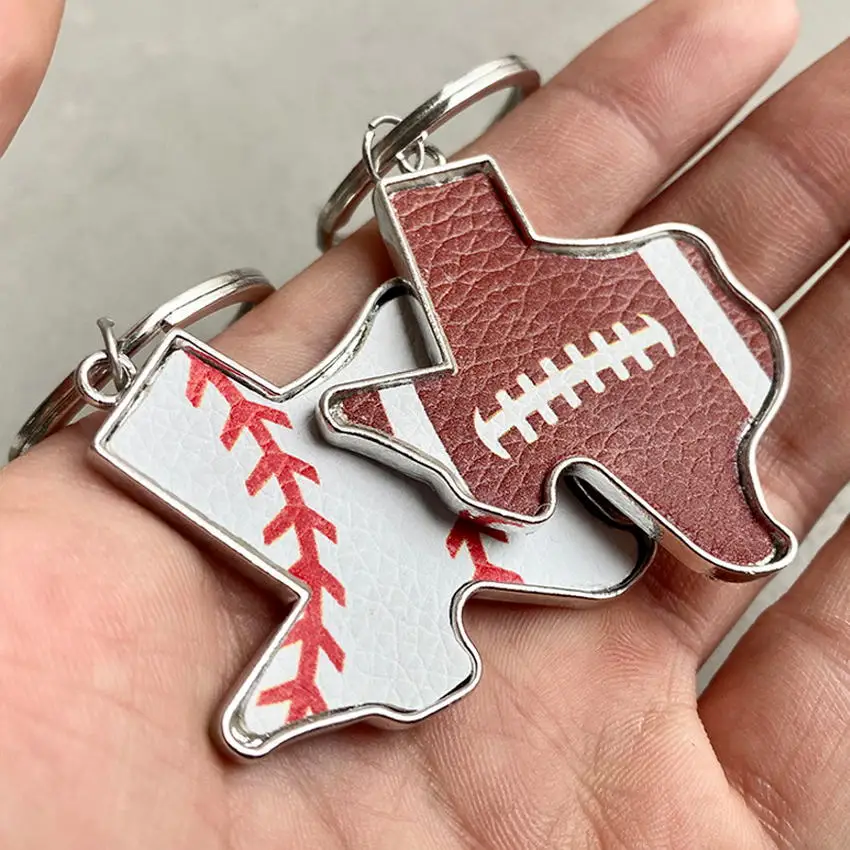 Faux Leather Baseball and Metal Texas Map Keychain Silver Color Sports Basketball Football Key Rings Bag Pendant Wholesale