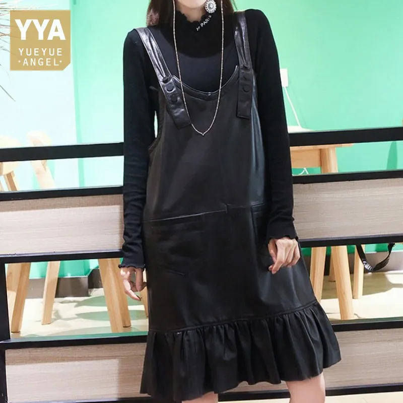 Autumn Genuine Leather Dress Women Sweet Ruffle Straps Dress Streetwear Female Sleeveless Knee Length Loose Sheepskin Dresses