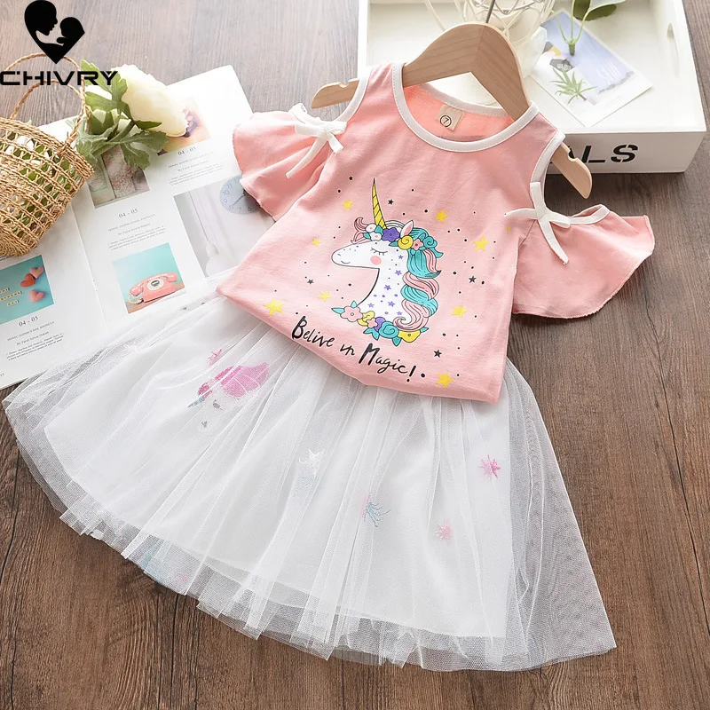 Zwei-stück Mädchen Kleidung Sets Sommer 2022 Baby Mädchen Einhorn Drucken Kurzarm T Shirts mit Mesh Plissee Rock kleidung Anzug