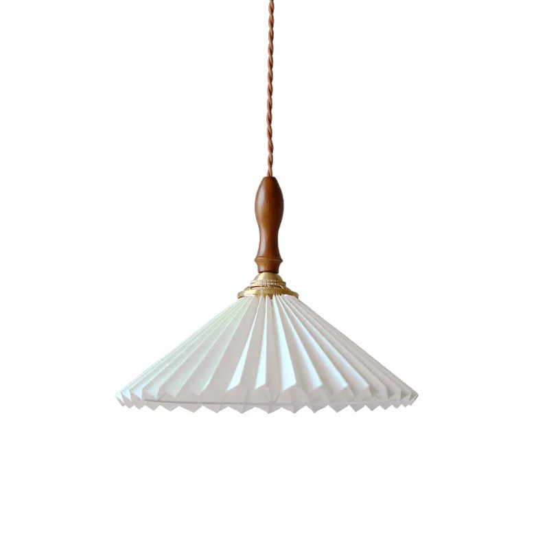 

Vintage Nordic walnut pleated single head pendant lamp, bedroom bedside bar table dining room brass hanging lamp