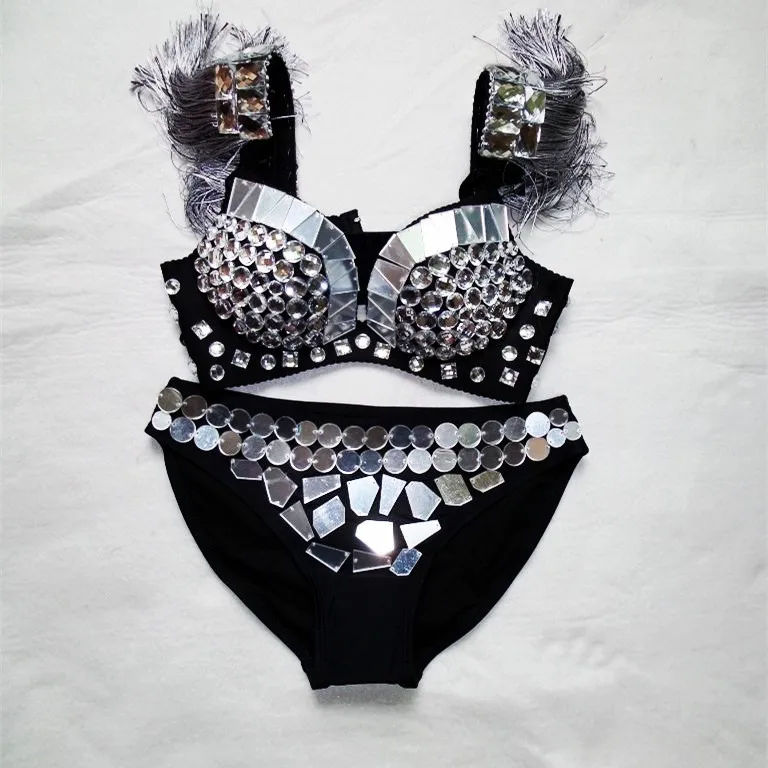 Sexy Tassels Bra Silvery Sparkly Mirror Rhinestone Bikini Nightclub DJ Female Singer Stage Costume Pole dancing performance wear