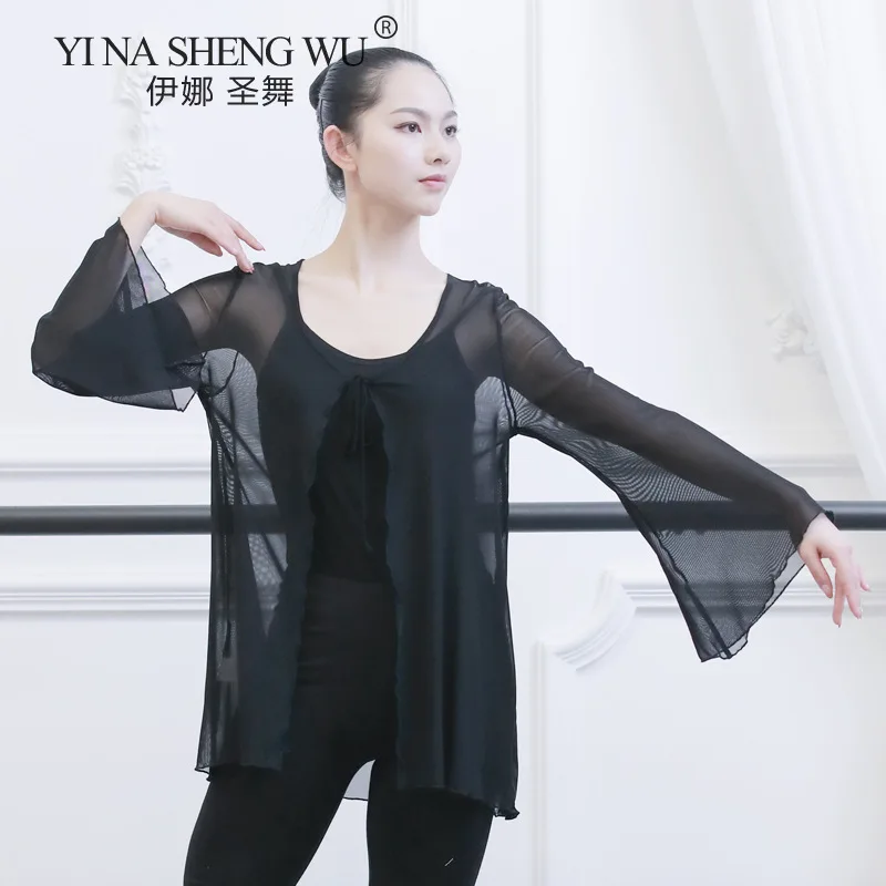 Women Chinese Folk Dance Wear Sexy Transparent Mesh Blouse Classical Dance Top With Long Flared Sleeve Solid Color Loose 2XL New