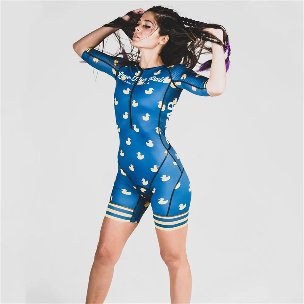 LOVE THE PAIN Women Short Sleeve Cycling Skinsuit Triathlon Suit MTB Bike Clothing Swimwear Running Bodysuit Jumpsuit Ciclismo