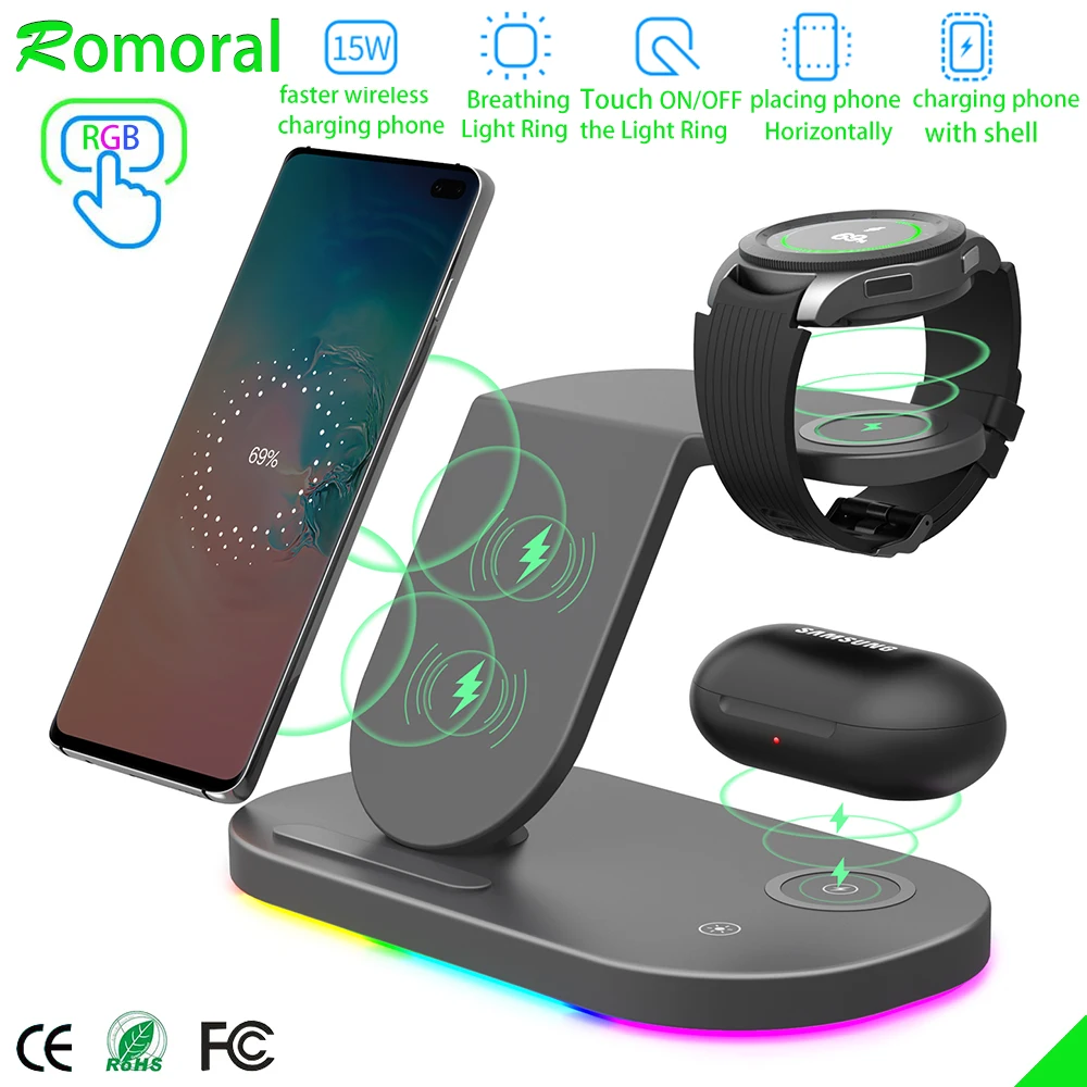 3 IN 1 Wireless Charger Station สำหรับ Samsung S21/S20/S10 Galaxy 4คลาสสิกสำหรับ iPhone 13 12 Airpods 2 Pro