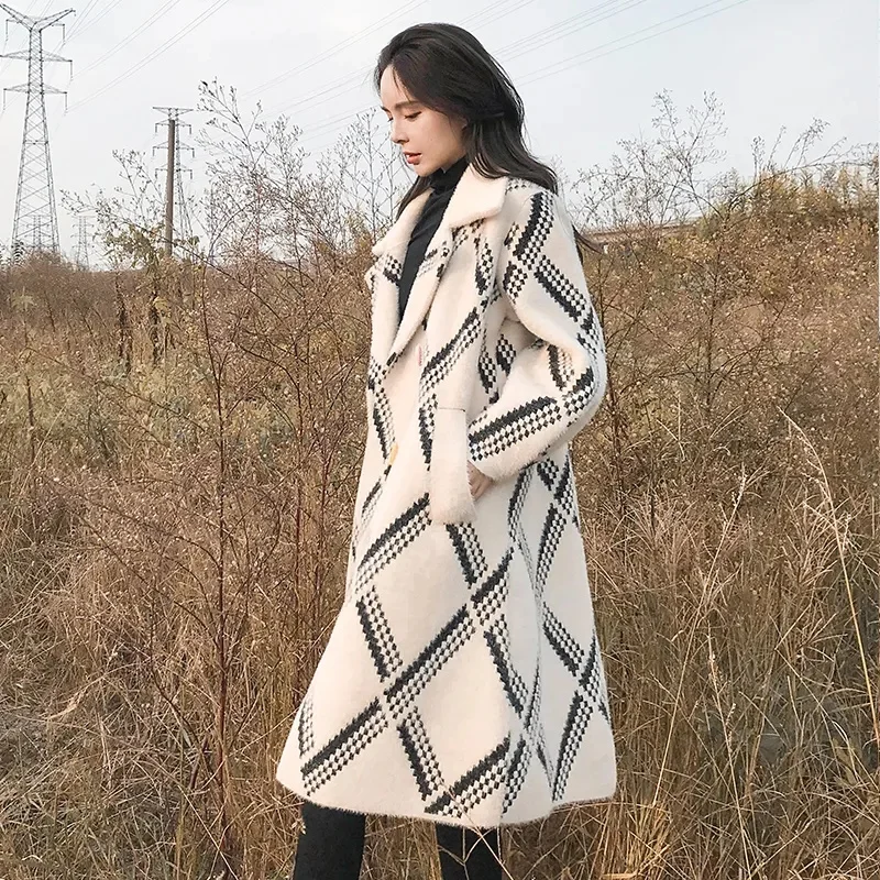 2023 Mink Velvet Jacket Women Mid-length Korean Loose Student Woolen Coat Plaid OutCoat Autumn Winter New Fashion Cardigan M564