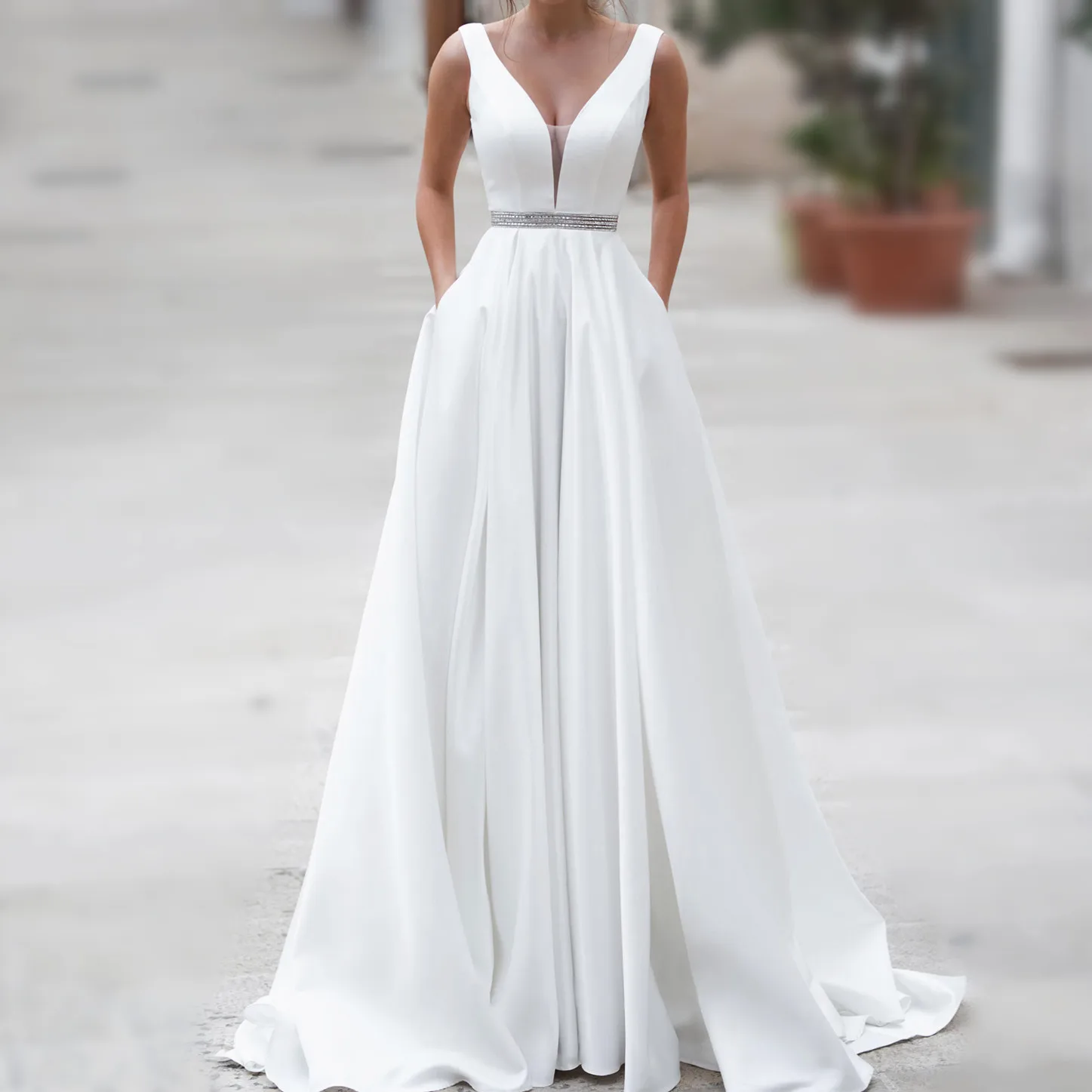 Satin Hochzeit Kleider V-ausschnitt Braut Kleider Tasten Vestido de novia Boho Elegante Hochzeit Kleid Für Frauen Nach Maß