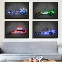 LED Neon Car Nordic Modern Concrete Canvas Painting Para Sala Ghostbusters Car Neon Graffiti Pop Street for Kid Boy Room Decor