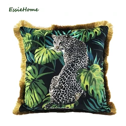 ESSIE HOME-Juste de coussin en velours à imprimé numérique, motif animal tropical, guitléopard, taie d'oreiller avec pompon doré