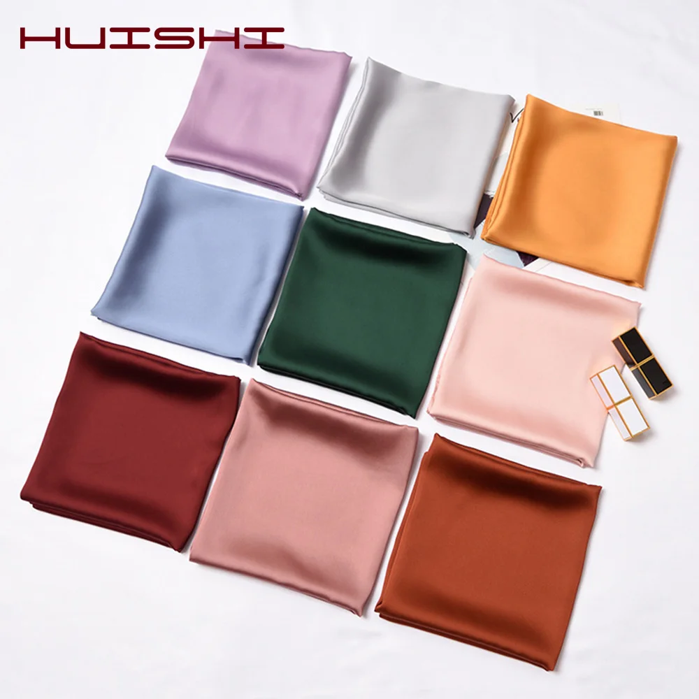 HUISHI Silk Scarf Women Fashion Solid Color Square Scarf Silk Wraps Elegant Spring Summer Head Neck Hair Tie Band Neckerchief