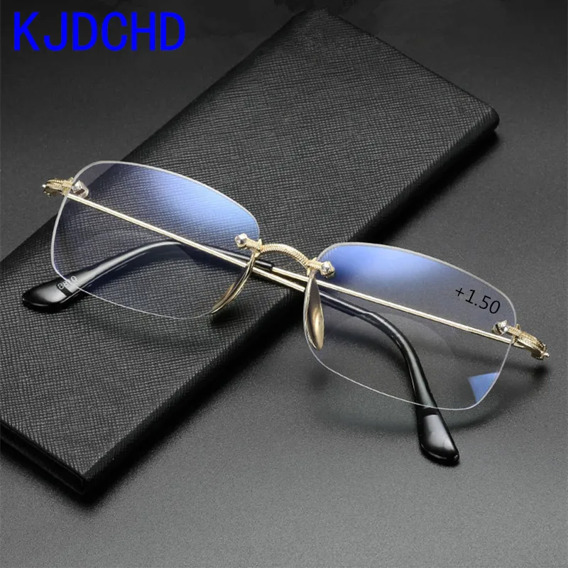 

Frameless ultra light reading glasses for men and women with dual focus remote control zoom anti-blue light glasses