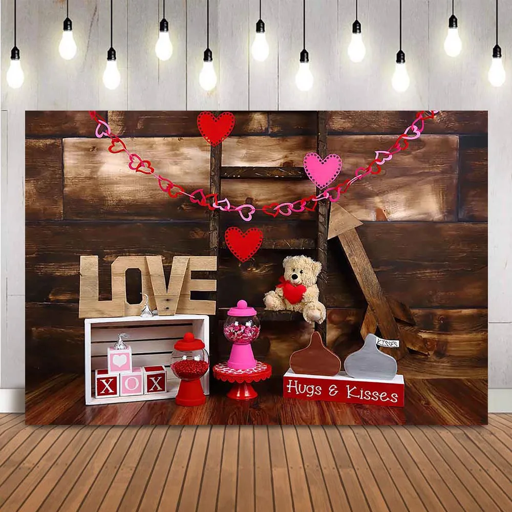 XOXO LOVE Rustic Wood Wall Backdrop for Photography Valentine's Day Background for Photo Studio Love Heart Backdrops