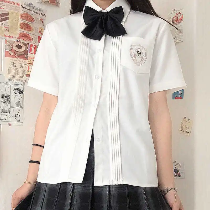 Mulheres verão blusas camisa de manga curta sólido branco bordado topos moda japonês coreano jk estilo feminino camisas lapela