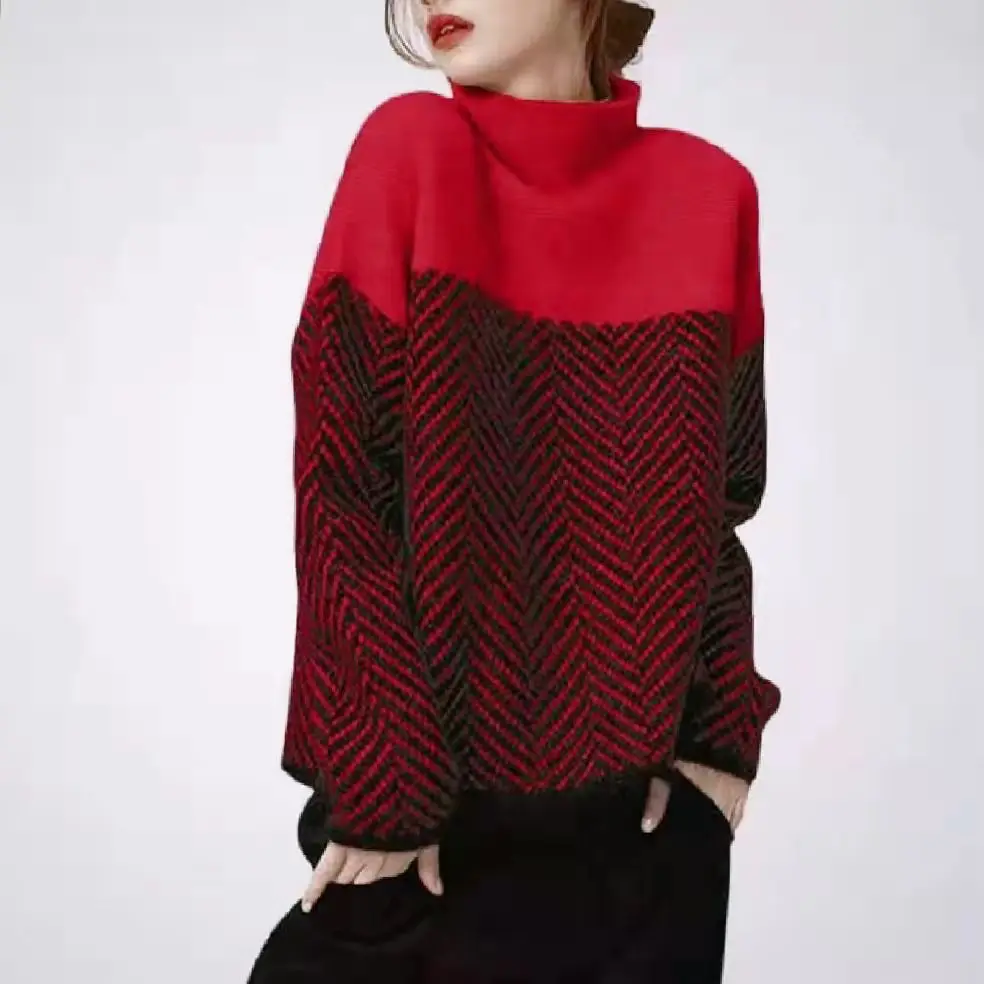 2023 autumn and winter women\'s new knit geometric knit turtleneck sweater pullover flabby sweater multi-color shirt long pullove