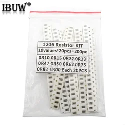 200PCS 1% 1206 SMD resistors assorted kit set ,10 valueX20pcs=200pcs 1R00 R820 R750 R620 R500 R470 R330 R220 R150 R100