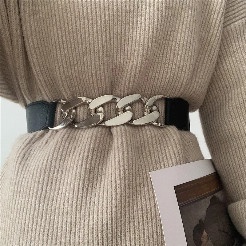 Fashion Punk Women Elastic Wide Belts PU Leather Thick Chain Waist Strap Dress Coat Sweater Lady Decorative Waistband