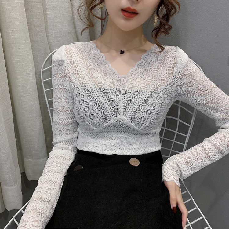 

Girls Lace Blouses Shirts Tees Female Hollow Out V-neck Full Sleeve Elegant Sweet 2021 Spring Stretchy Shirt Tops For Women