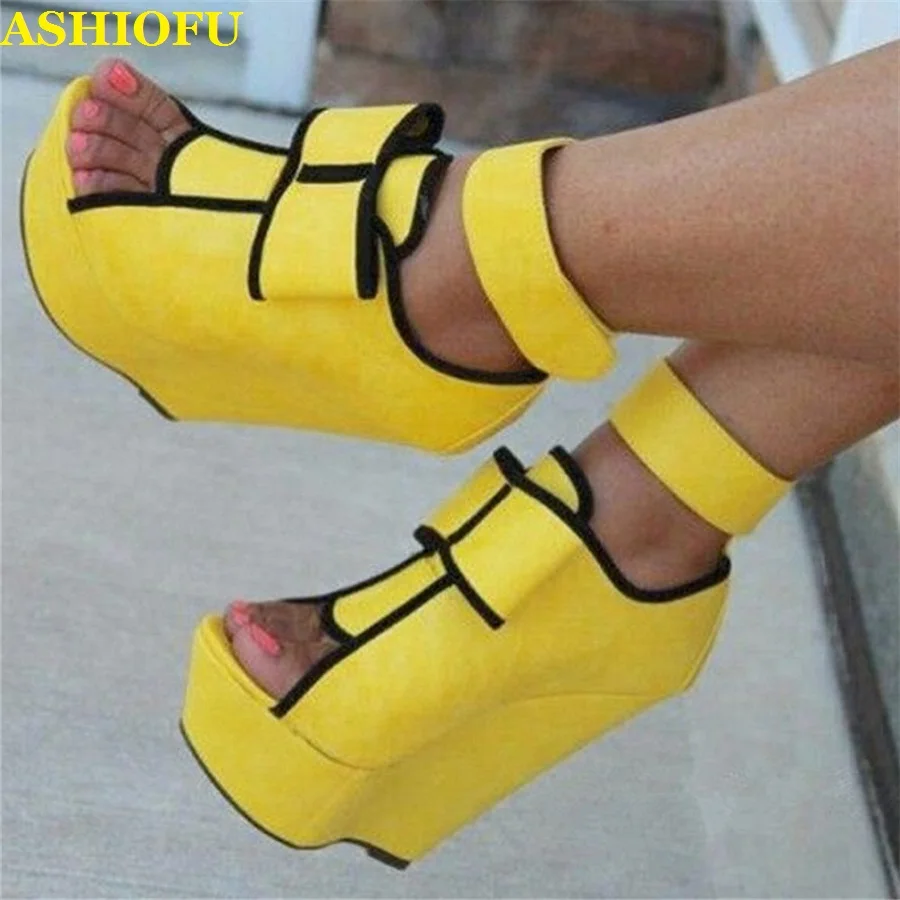 

ASHIOFU Hot Sale Real-photos Handmade Ladies Sandals Better-knot Sexy Party Club Wadge Heel Shoes Evening Fashion Sandals Shoes