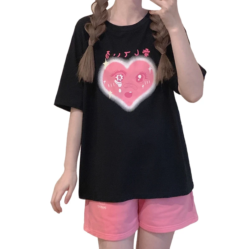 

Harajuku Kawaii Anime Short Sleeve T-shirts Girls Funny Cartoon Print Vintage T Shirt Women Top Japanese Black Cute Graphic Tees