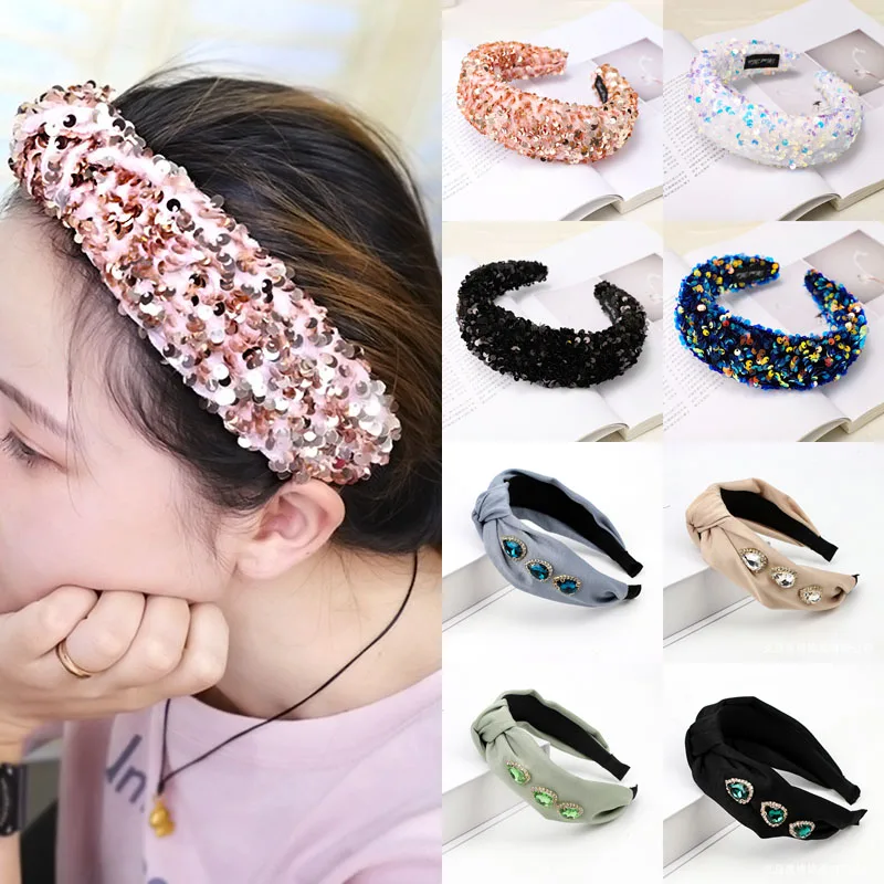 2021 Boutique Headband Women Fabric Super Shiny Sequin Hairband Sponge Bezel Girls Hair Band Hair Loop Hair Accessories