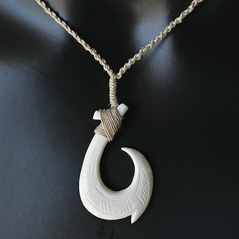 NGX121 Handmade Man Jewelry New Zealand Maori Tribes Pendant Yak Bone Fish Hook Womens Hemp Rope Weaving Necklace for Surfing