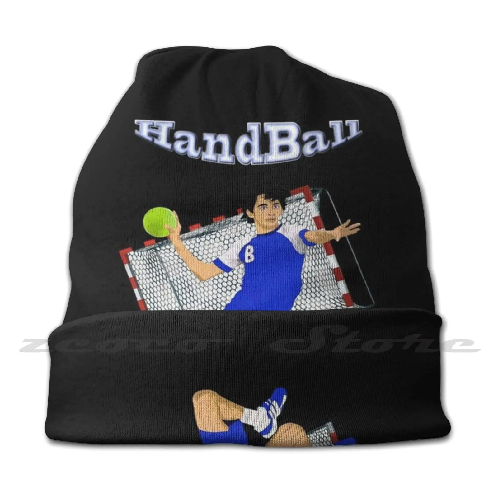 With A Goal Net Behind Him. Knit Hat Elastic Soft Personalized Pattern Present Cap Handball Player In Blue Outfit Handball