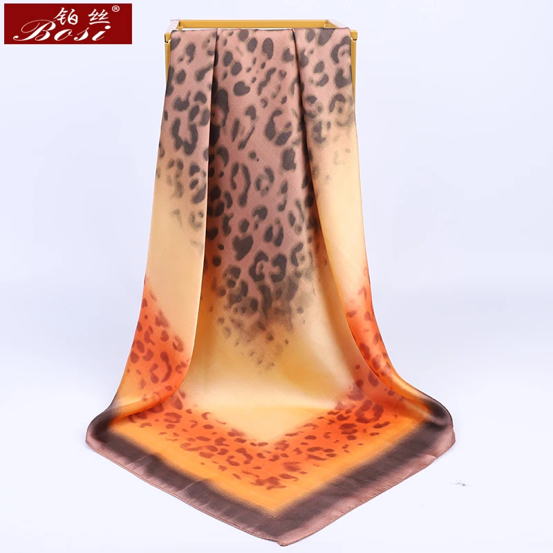 BOSI 2020 New Design Square Silk Scarf 90*90cm Women Luxury Brand Leopard print brown Big Bandana Hijab Satin Scarves Shawl