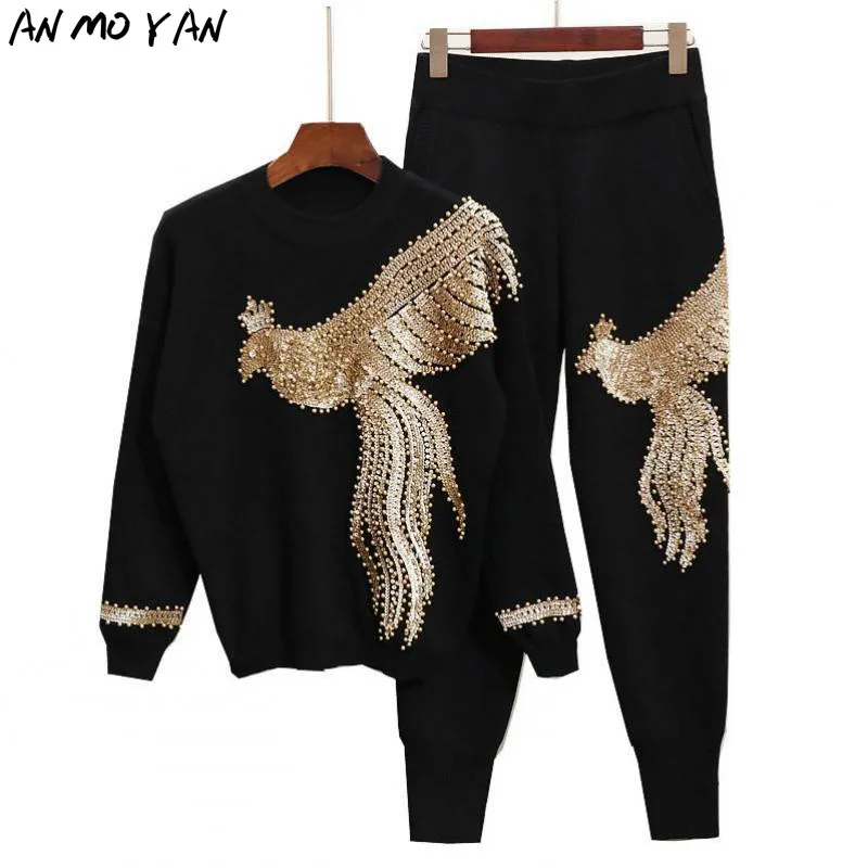 

Autumn And Winter High-quality Two-piece Fashion Beaded Long-sleeved Animal Phoenix Harajuku Sequined Casual Style Women's Set