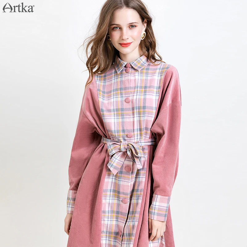 ARTKA 2019 Autumn Winter New Women Dress Casual Corduroy Plaid Stitching Dress Long Sleeve Shirt Dresses With Belt LA15393Q