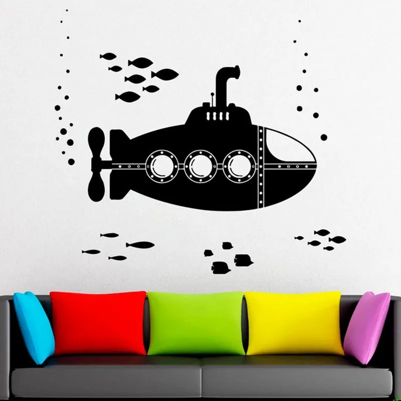 Submarine Wall Decal Water World Shoal of Fish Submarine Art Vinyl Window Stickers Kids Ocean Style Bedroom Bathroom Decor Q516