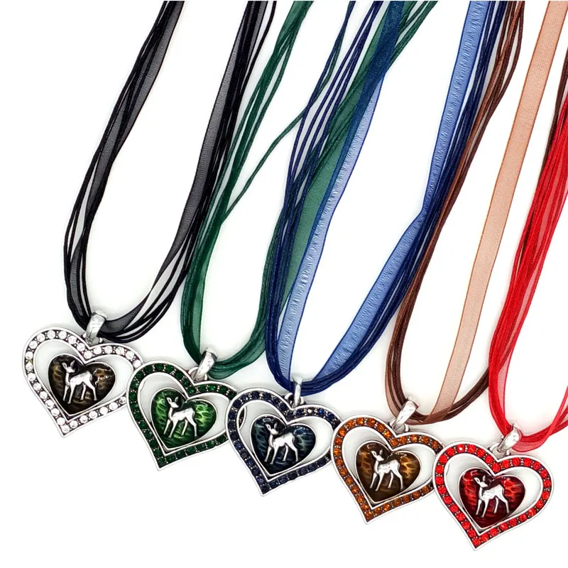 QIDIEHUA Fashion Cute Deer Necklace Pendant Vintage Heart Enamel Necklace Charming Ribbon Rope Choker Jewelry Wholesale