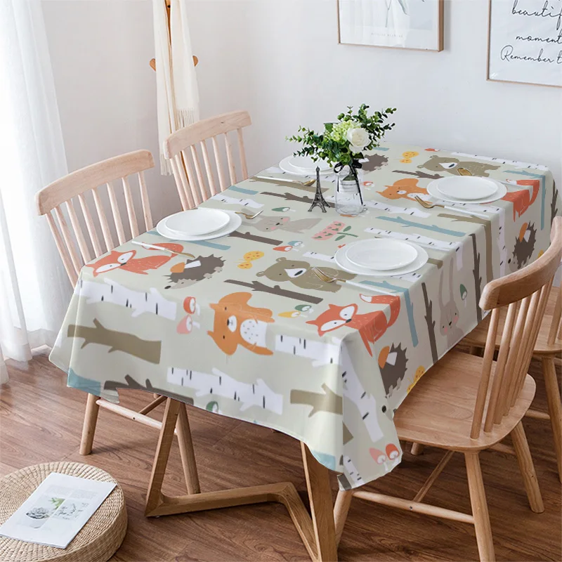 Cartoon Forest Animal Tree Fox Bear Rabbit Kawaii Tablecloths Waterproof Kitchen Coffee Table For living Room Home Decor Dining