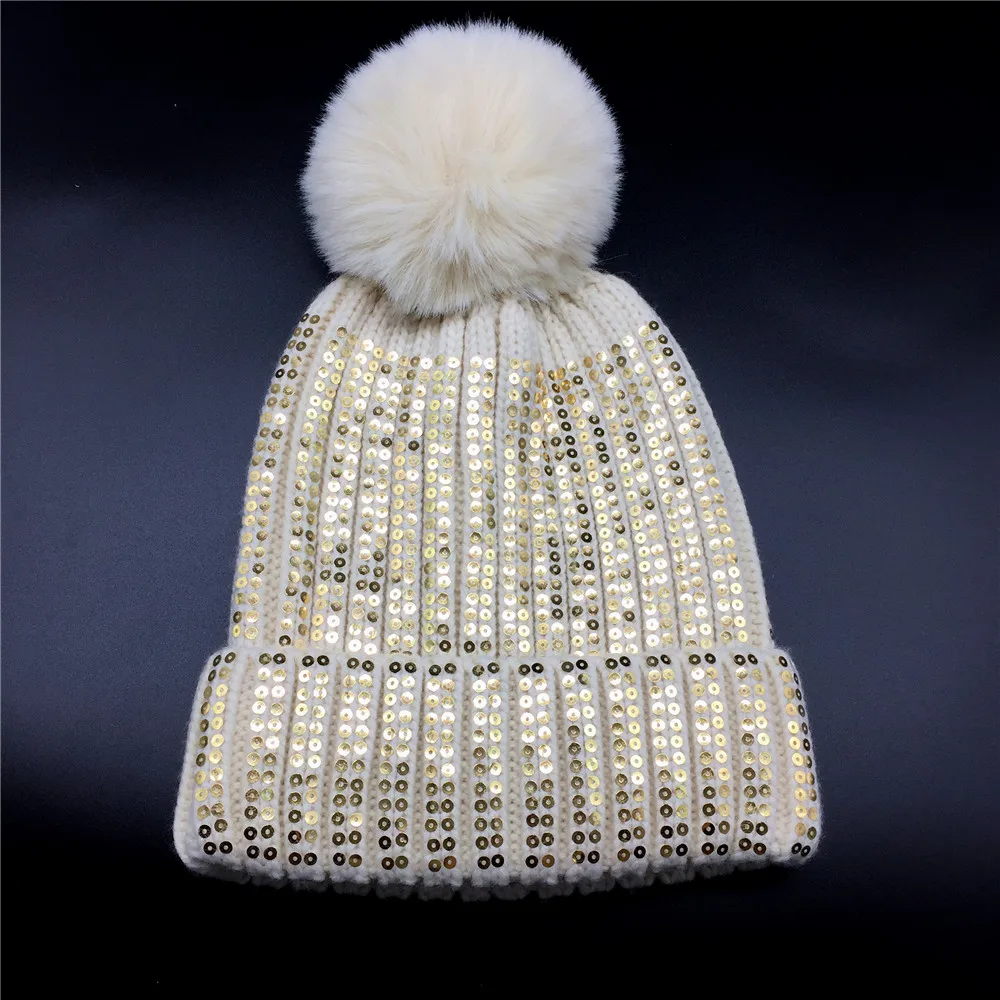 Sequins Beanie for Women Girls Warm Winter Hat Ribbed Brown White Pink Hat Faux Fur Pompom Beanie with Soft Lining