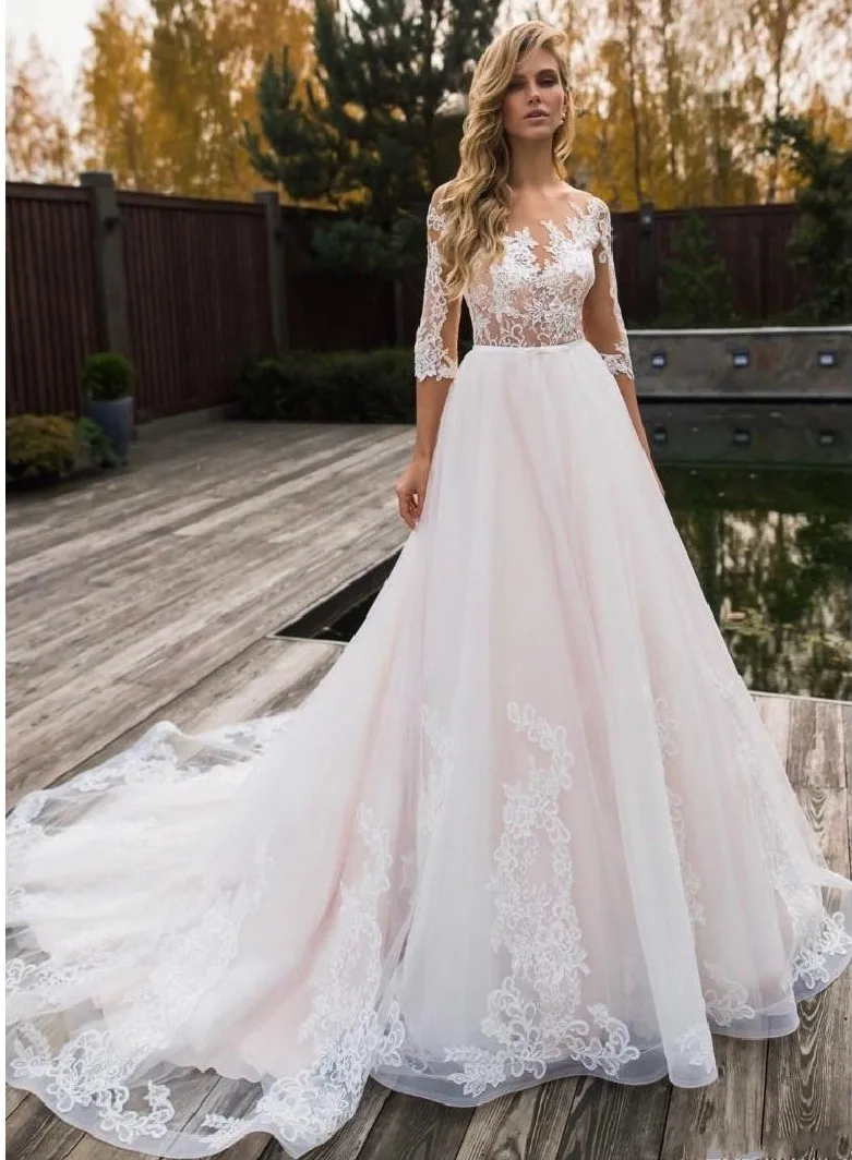 시어넥 웨딩드레스 하프 슬리브 웨딩 가운 베스티도 데 노비아 2025 레이스 브라이덜 가운 트루쥬르켄 마리아쥬 로브