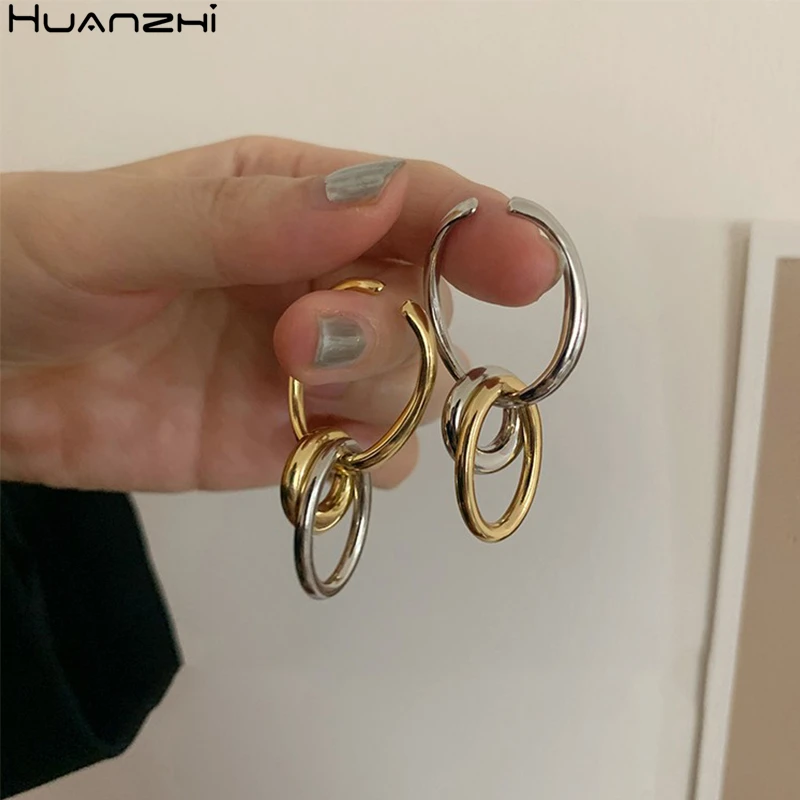 HUANZHI 2020 New Korean Trendy Minimalist Gold Color Metal Geometry Oval Circle Ear Clip Earrings for Women Girls Jewelry