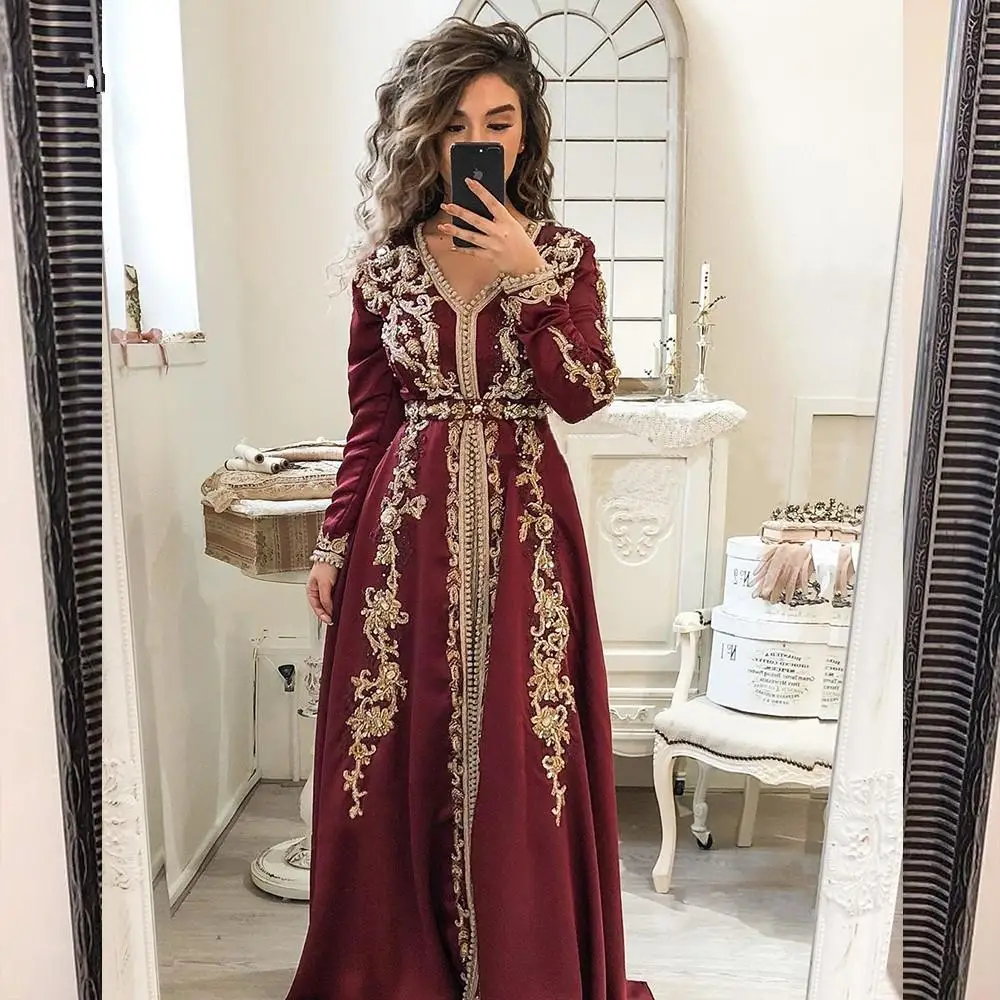 Vestido de noite frisado dourado com decote em v, mangas compridas, vestidos de noite muçulmanos, Dubai Abaya, Arábia Saudita, Árabe, Marroquino, Vestido Longo