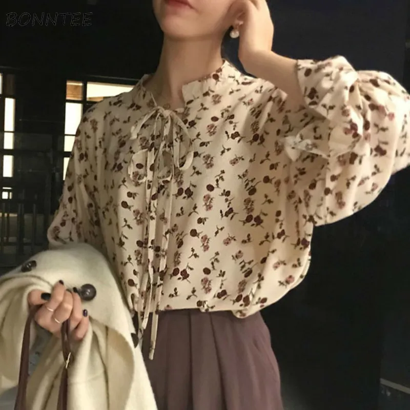 Blouses Women Fashion Retro Kawaii European Style Chiffon Ladies Puff Sleeve Floral Casual Temperament Tender Comfortable Trendy